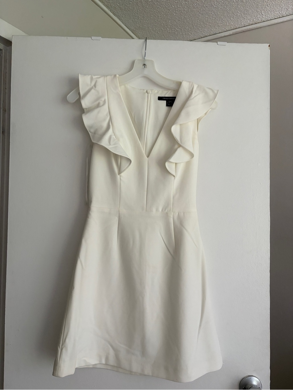 French Connection Cream White V-Neck Ruffle Mini Dress